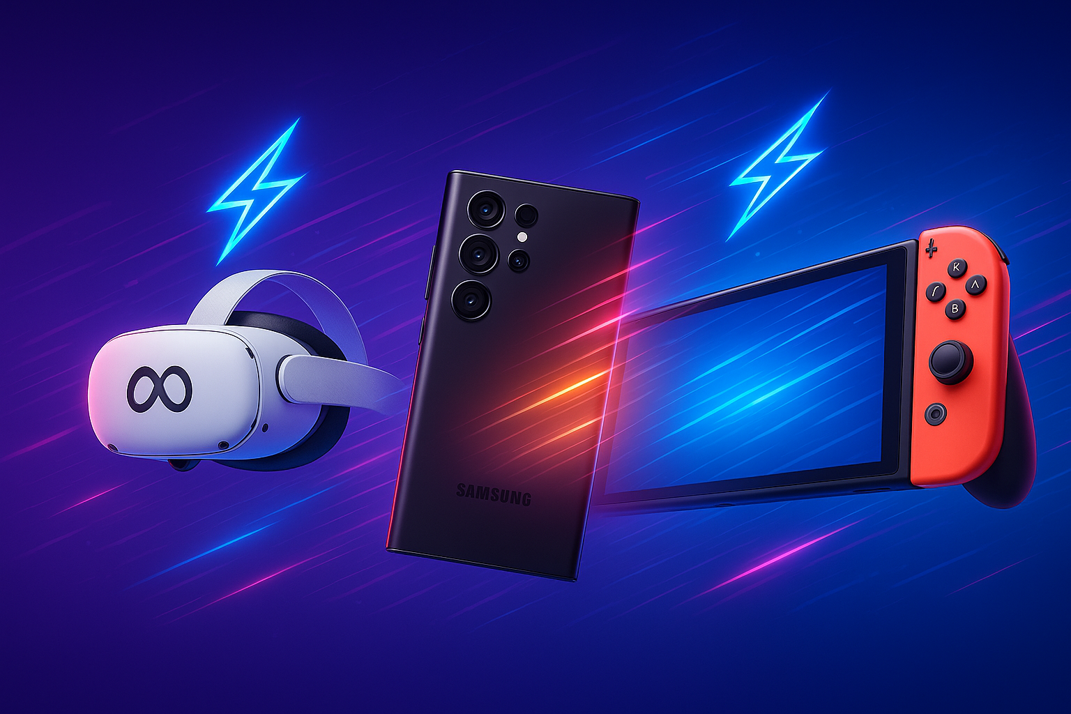 Dynamic tech banner with smaller elements - Meta Quest 3, Galaxy S24 Ultra, and Nintendo Switch 2