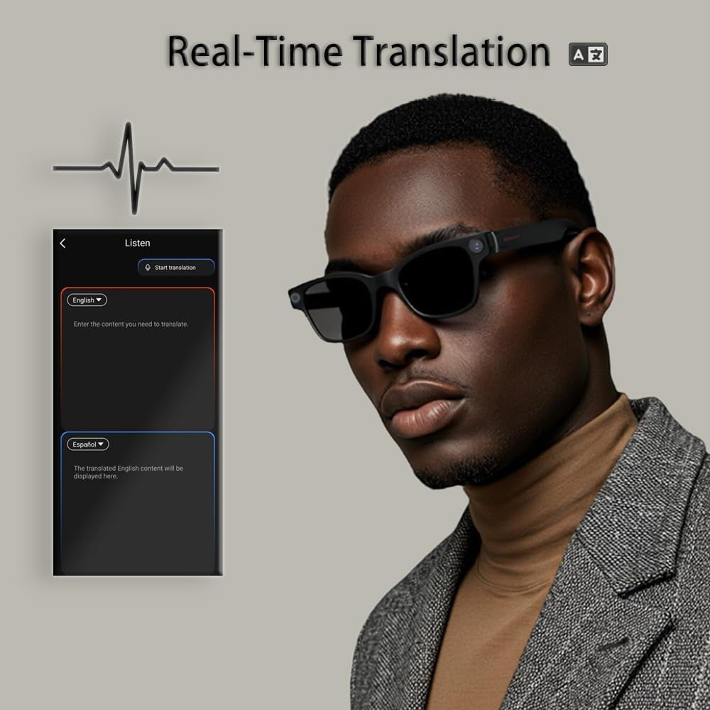 4K Camera Glasses, AI Smart Glasses with Real-Time Translation & Object Recognition,32Gb Storage, Max 10Hrs Playtime | 2 Lens Set（Transparent&Black for Outdoor,Work,Travel, Business - Black